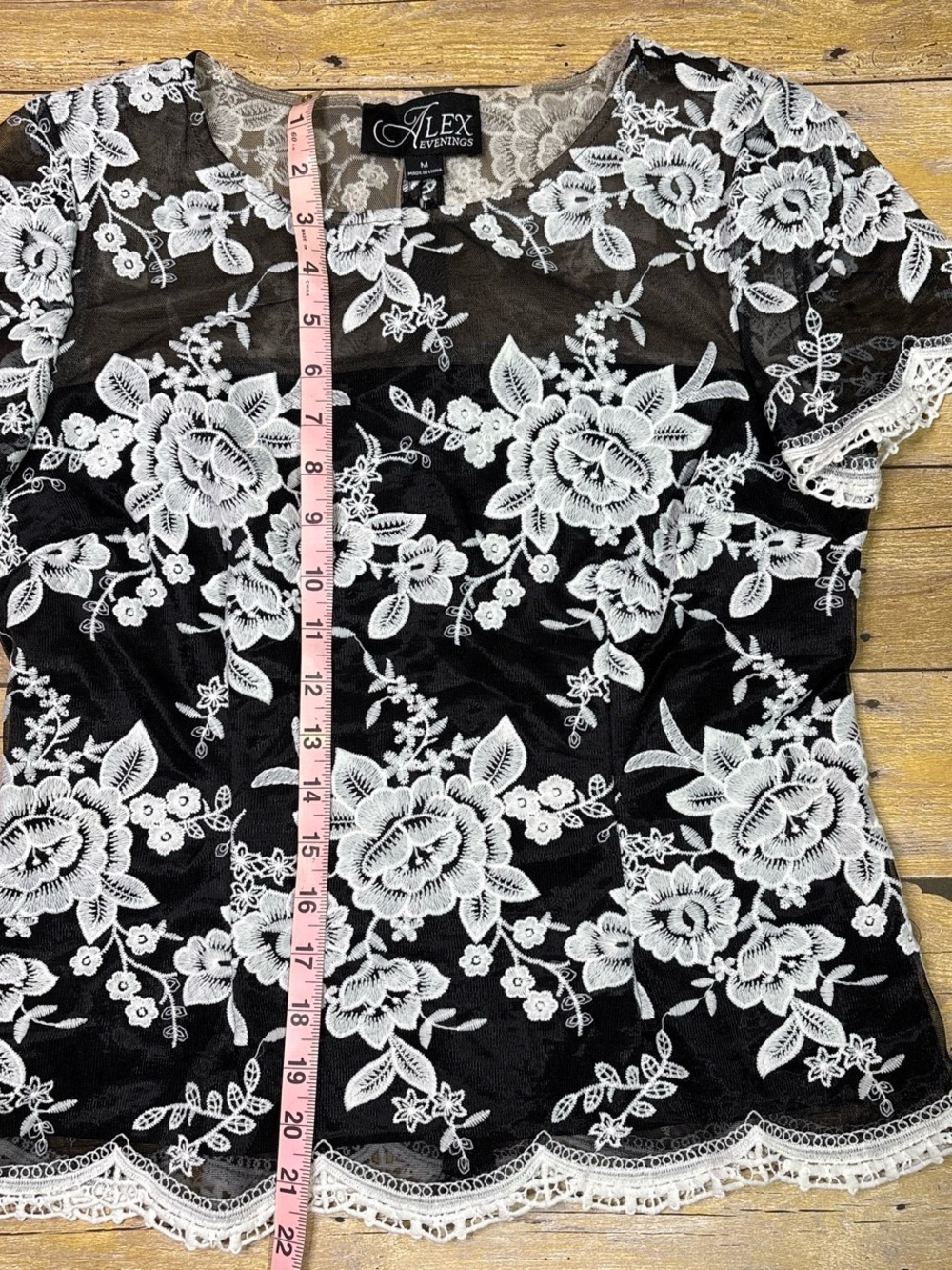 Alex Evenings Black Top with White Floral Lace Overlay - Picture 6 of 6